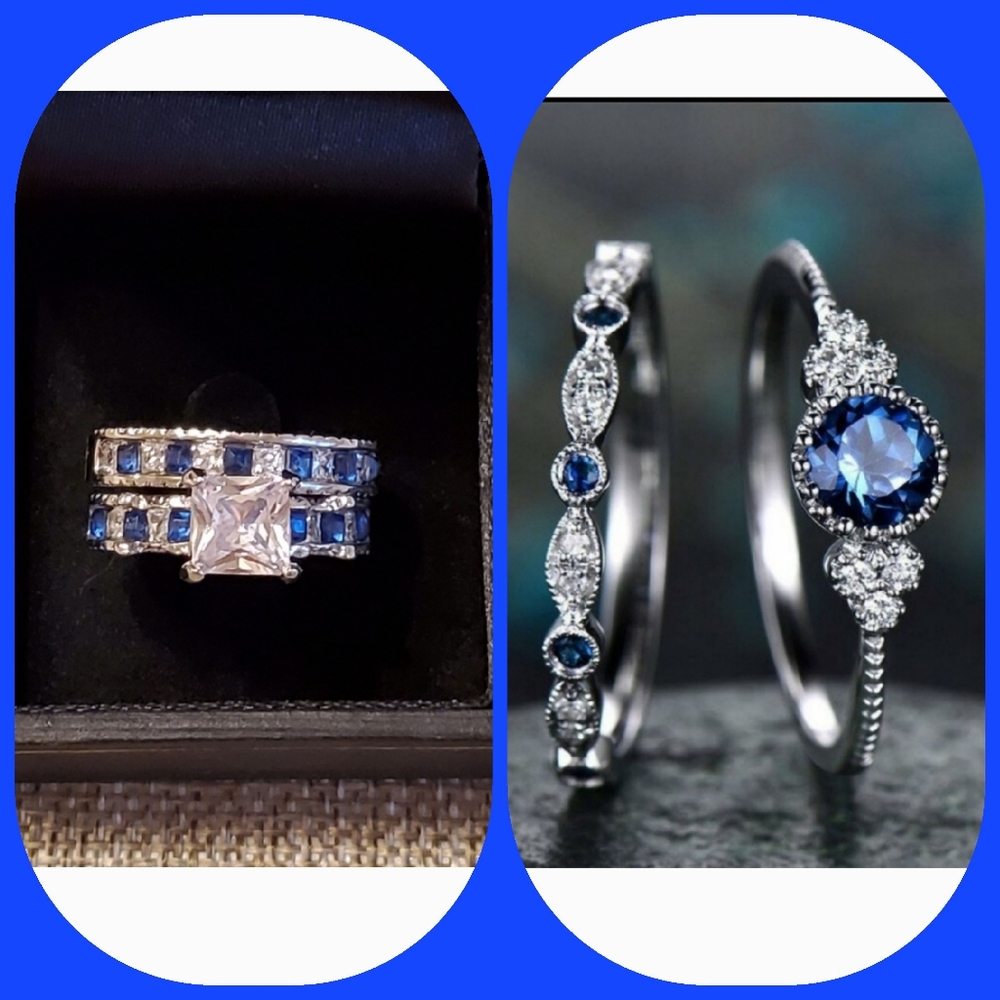 Stackable Blue & Clear CZ Silver Ring Lot